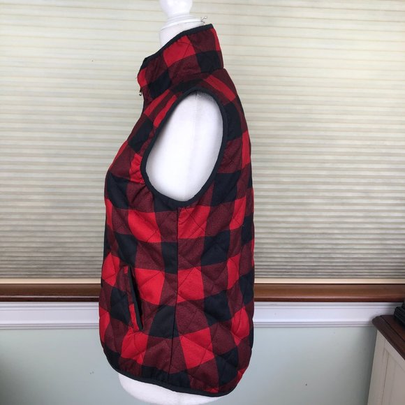 Old Navy Red & Black Buffalo Plaid Quilted Cozy Classic Zip Front Vest Cabincore - Picture 4 of 12